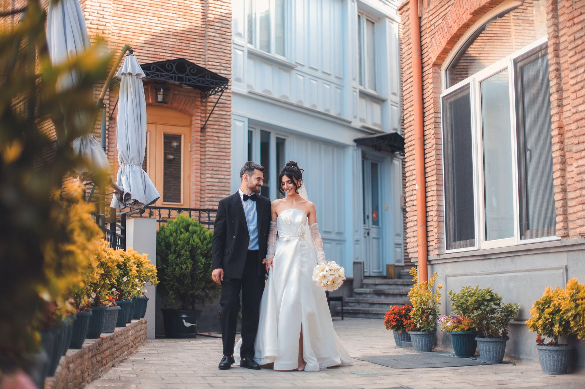 Newly married couple in the historic old town of Tbilisi, Georgia